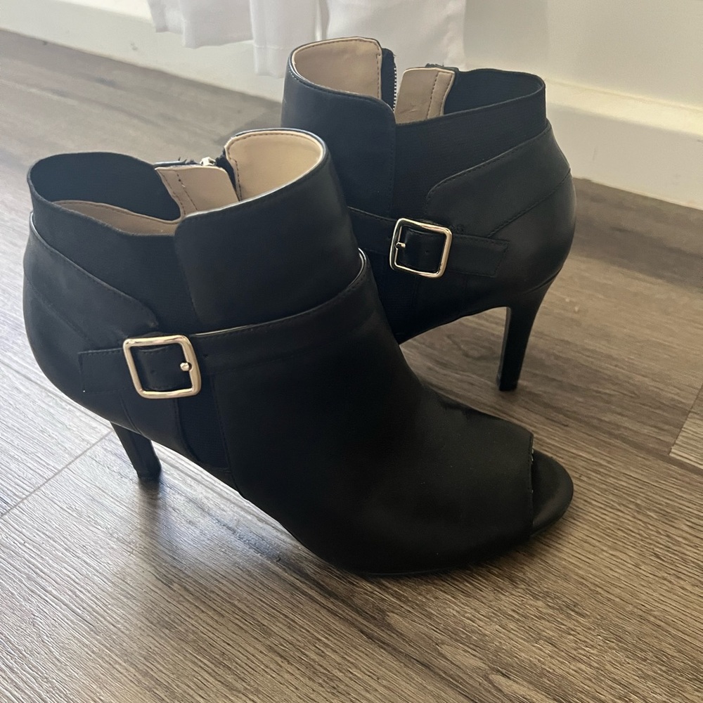 Black Leather Peep Toe Ankle Boots